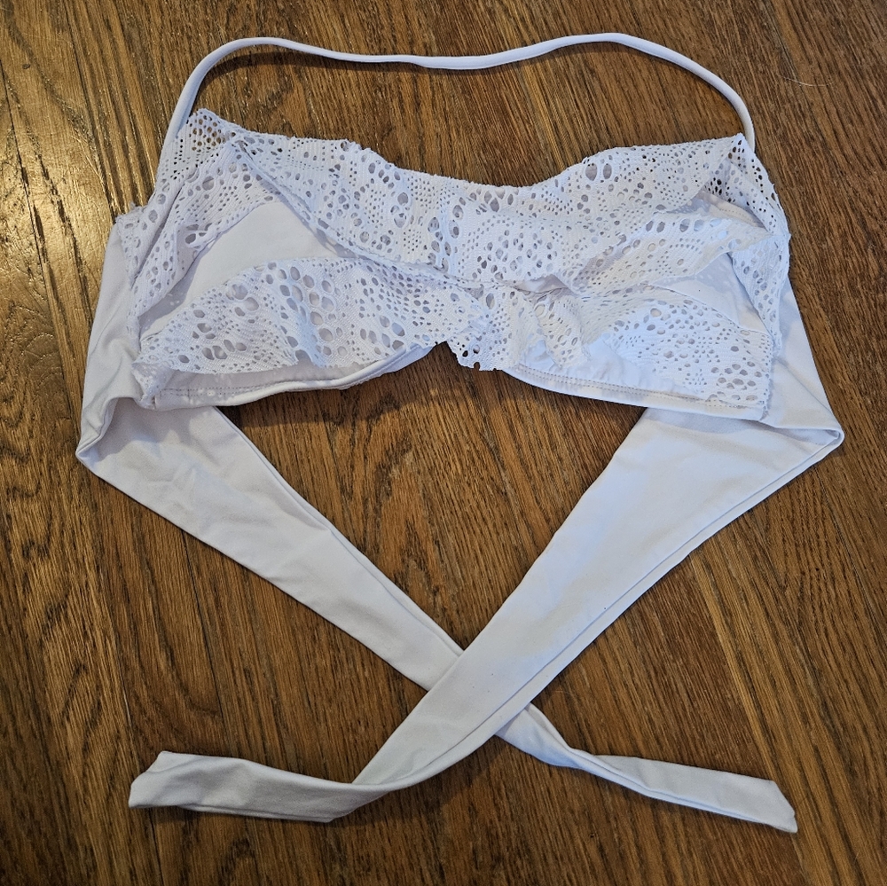 Mossimo White Lace Tie On Swim Bikini Bandeau Top With Strapless Option